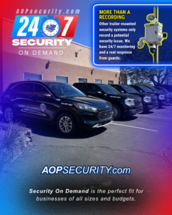 AOP Security patrol cars lined up for 24/7 Security On Demand paired with the all new AOP Security Power Box system.